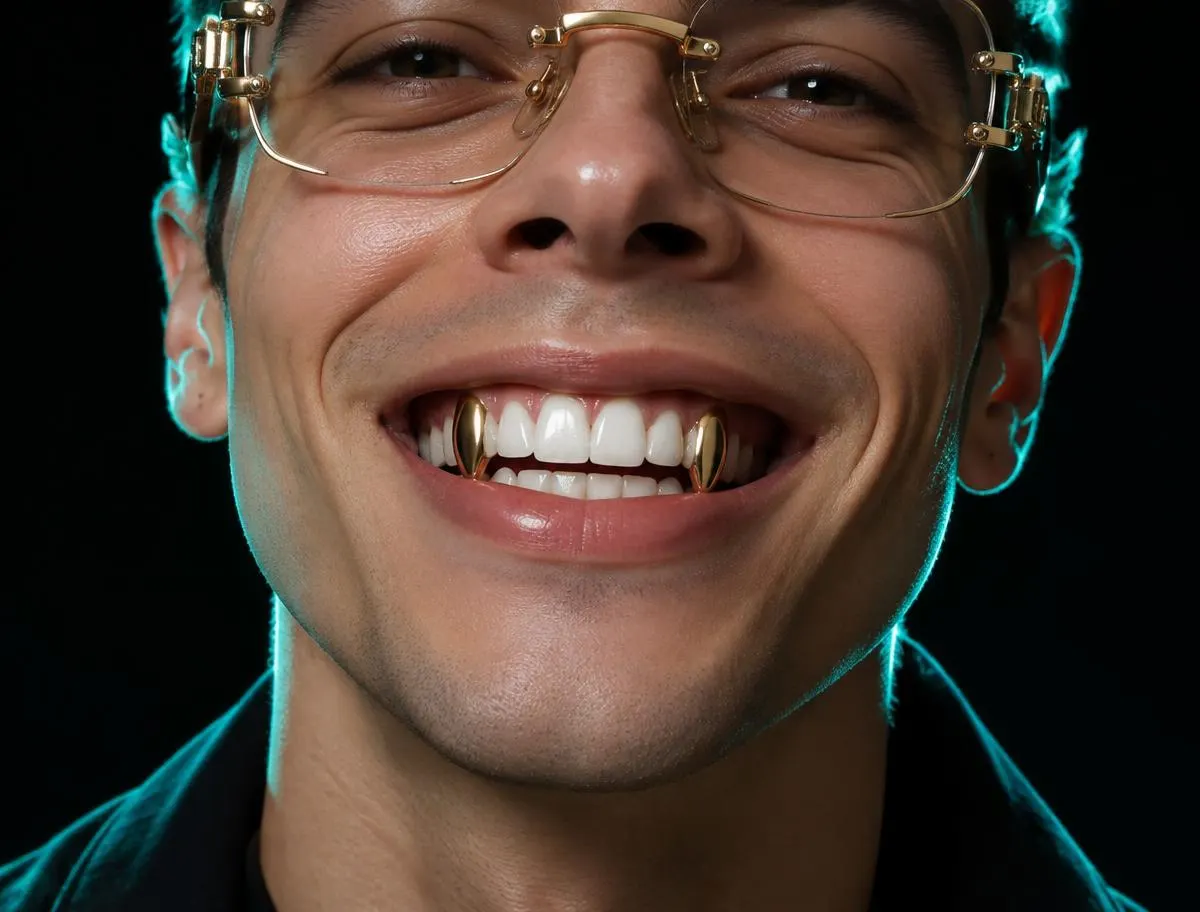 Sonrisa con grillz de oro en los colmillos
