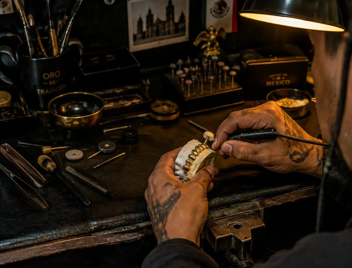 Joyero en un taller de la Ciudad de México puliendo grillz de oro sobre un molde dental